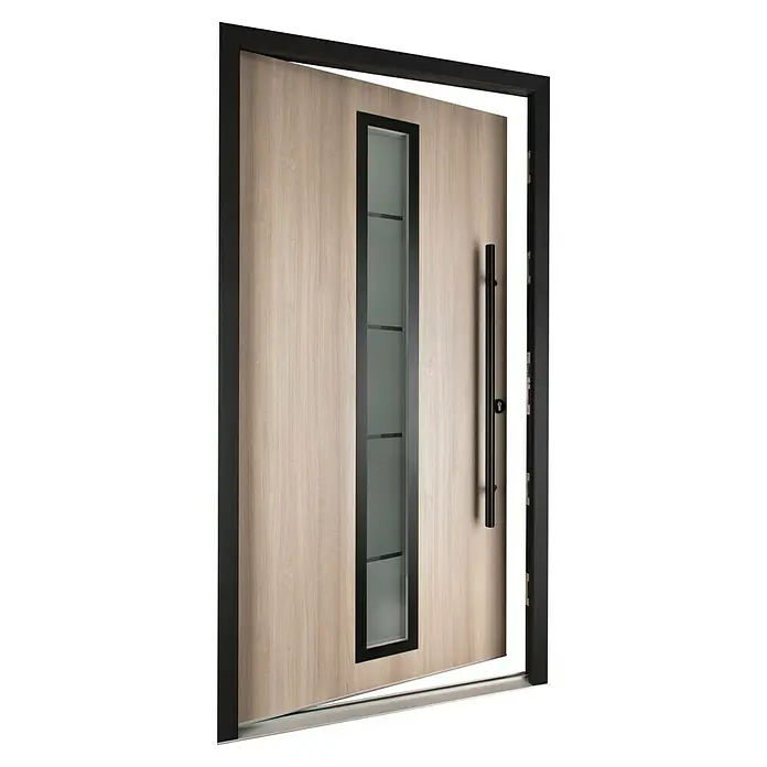 Splendoor Haustür Thermodoor PLUS SP70 Black Nature - 100 cm x 210 mm, DIN Anschlag: Rechts, Weißeiche/Tiefschwarz - Moderne Haustür mit Holzoptik und länglichem Glaseinsatz. Der schwarze Türgriff und Rahmen setzen stilvolle Akzente.