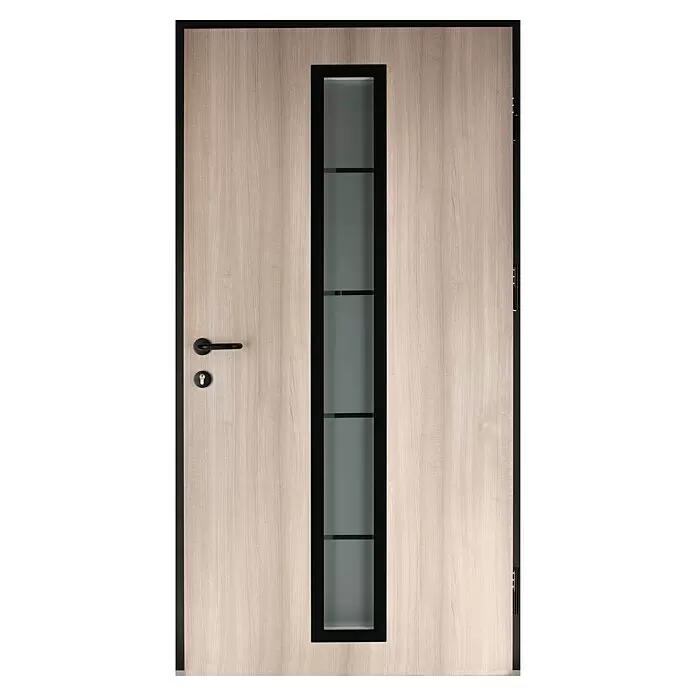 Splendoor Haustür Thermodoor PLUS SP70 Black Nature - 100 cm x 210 mm, DIN Anschlag: Rechts, Weißeiche/Tiefschwarz - Moderne Innentür aus hellem Holzdekor mit vertikalem schwarzem Rahmen, Milchglasscheiben und schwarzem Griff mit Schlüsselloch.