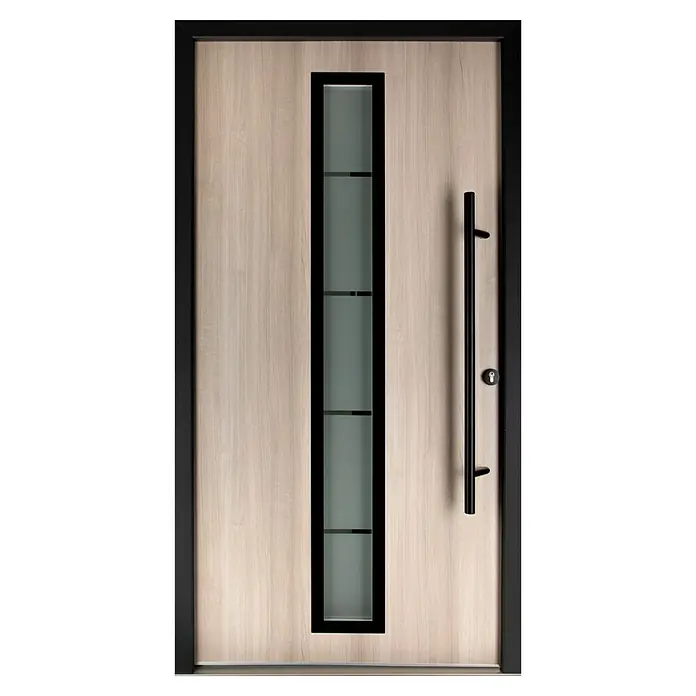 Splendoor Haustür Thermodoor PLUS SP70 Black Nature - 100 cm x 210 mm, DIN Anschlag: Rechts, Weißeiche/Tiefschwarz - Moderne Haustür mit Holzstruktur, schwarzem Rahmen und länglichem Glaseinsatz mit Griff. Ein stilvolles und einladendes Design.