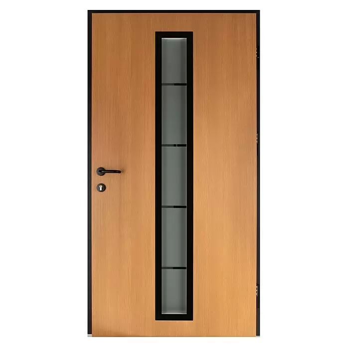 Splendoor Haustür Thermodoor PLUS SP70 Black Nature - 100 cm x 210 mm, DIN Anschlag: Rechts, Bergkiefer/Tiefschwarz - Helle Holztür mit schwarzem Rahmen, Milchglas-Einsatz, schwarzem Griff und Schloss.