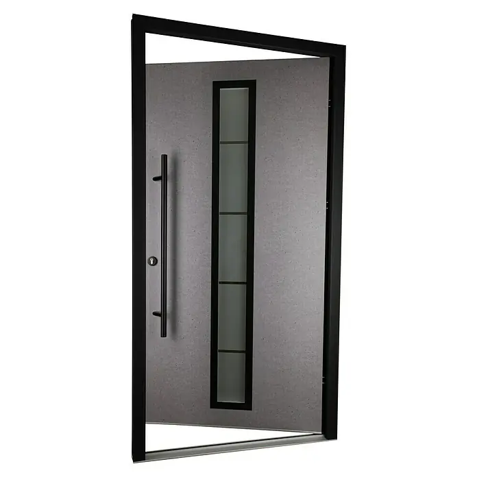 Splendoor Haustür Thermodoor PLUS SP70 Black Nature - 100 cm x 210 mm, DIN Anschlag: Links, Naturbeton/Tiefschwarz - Elegante Haustür mit modernem Design, inklusive senkrechtem Fensterbereich und langem, stilvollem Türgriff. Die Tür ist in einem schlichten Grau gehalten.