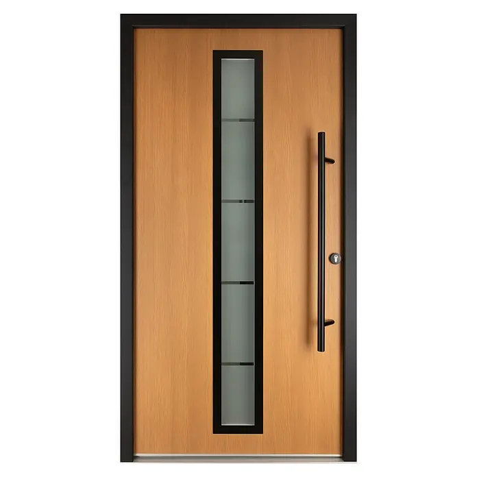 Splendoor Haustür Thermodoor PLUS SP70 Black Nature - 100 cm x 210 mm, DIN Anschlag: Rechts, Bergkiefer/Tiefschwarz - Elegante Haustür mit Holzoberfläche, vertikalem Glasfenster und modernem, langem Griff für einen einladenden Eingangsbereich.