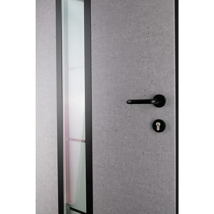 Splendoor Haustür Thermodoor PLUS SP70 Black Nature - 100 cm x 210 mm, DIN Anschlag: Links, Naturbeton/Tiefschwarz - Graue Tür mit schwarzem Türgriff und vertikalem Glaseinsatz.
