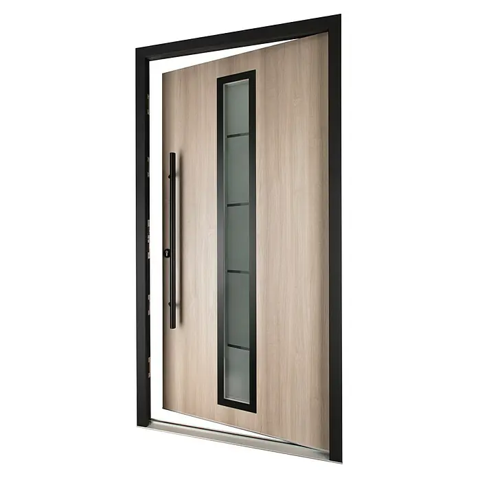 Splendoor Haustür Thermodoor PLUS SP70 Black Nature - 100 cm x 210 mm, DIN Anschlag: Links, Weißeiche/Tiefschwarz - Moderne Haustür mit vertikalem Fenster und langem Griff. Die Tür hat eine helle Holzoptik und einen schwarzen Rahmen.