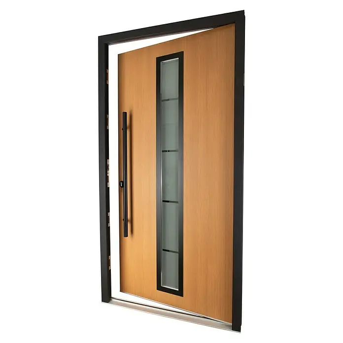Splendoor Haustür Thermodoor PLUS SP70 Black Nature - 110 cm x 210 mm, DIN Anschlag: Links, Bergkiefer/Tiefschwarz - Elegante Haustür mit modernem Design. Die Tür verfügt über ein schlankes Fenster und einen stilvollen Griff, ideal für ein modernes Zuhause.