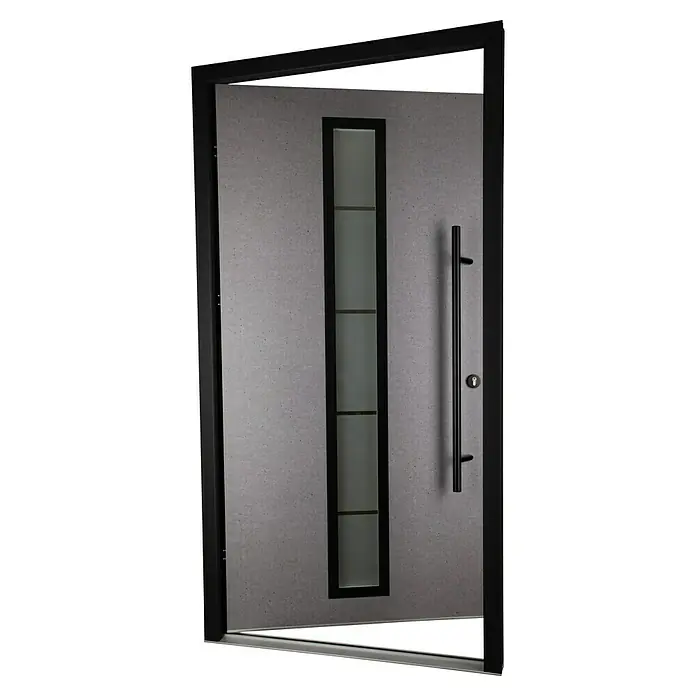 Splendoor Haustür Thermodoor PLUS SP70 Black Nature - 110 cm x 210 mm, DIN Anschlag: Rechts, Naturbeton/Tiefschwarz - Moderne Haustür in Grau mit schwarzem Rahmen und länglichem Glaseinsatz. Der Türgriff ist schlicht und elegant in Schwarz gehalten.