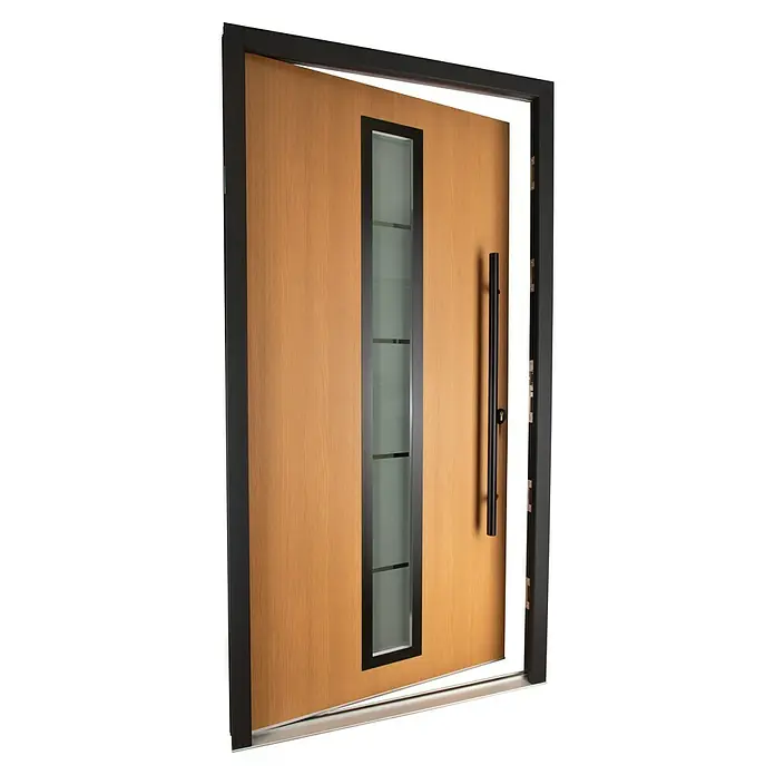 Splendoor Haustür Thermodoor PLUS SP70 Black Nature - 100 cm x 210 mm, DIN Anschlag: Rechts, Bergkiefer/Tiefschwarz - Moderne Eingangstür aus Holz mit Glaseinsatz und langem, schwarzem Griff. Die Tür hat einen Rahmen aus dunklem Metall.