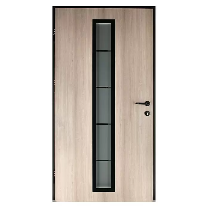 Splendoor Haustür Thermodoor PLUS SP70 Black Nature - 100 cm x 210 mm, DIN Anschlag: Links, Weißeiche/Tiefschwarz - Helle Holztür mit vertikalen schwarz gerahmten Milchglasscheiben, schwarzem Griff und Schlüsselloch.