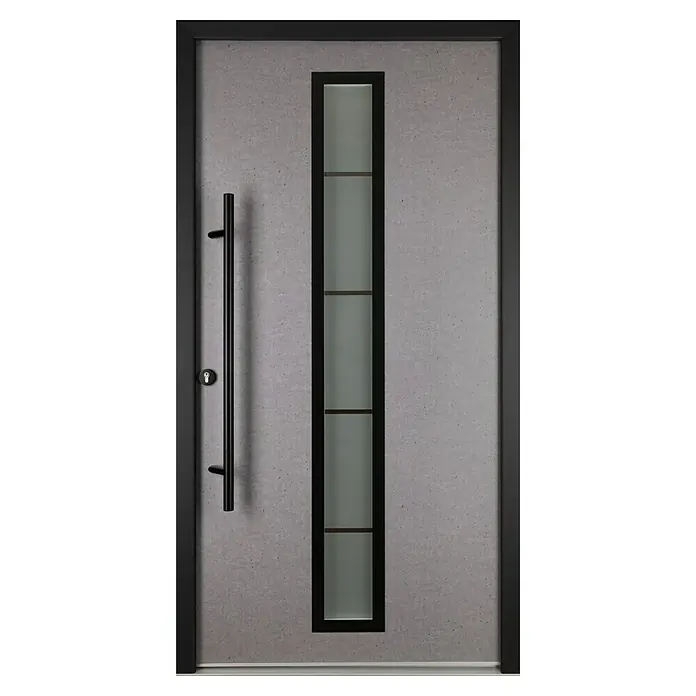 Splendoor Haustür Thermodoor PLUS SP70 Black Nature - 100 cm x 210 mm, DIN Anschlag: Links, Naturbeton/Tiefschwarz - Moderne Haustür in Betonoptik mit einem schwarzen Rahmen und einem vertikalen Glaseinsatz, ergänzt durch einen eleganten schwarzen Türgriff.
