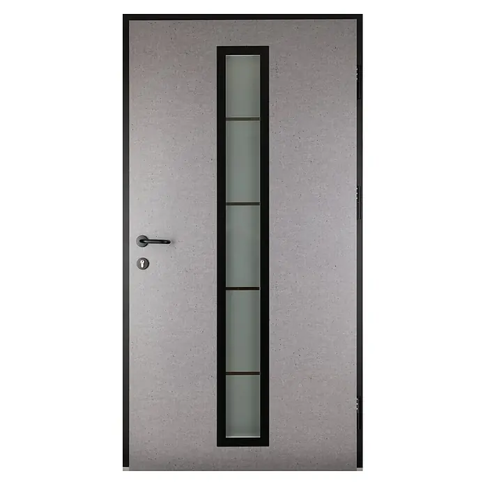 Splendoor Haustür Thermodoor PLUS SP70 Black Nature - 110 cm x 210 mm, DIN Anschlag: Rechts, Naturbeton/Tiefschwarz - Moderne Tür mit grauem Beton-Finish und senkrechtem Glaseinsatz mit schwarzem Rahmen für einen stilvollen Eingangsbereich.
