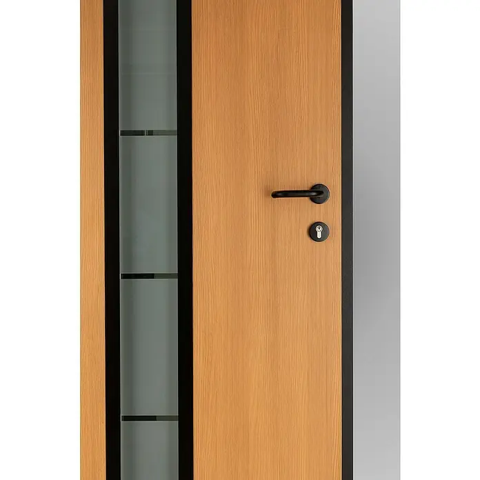 Splendoor Haustür Thermodoor PLUS SP70 Black Nature - 110 cm x 210 mm, DIN Anschlag: Links, Bergkiefer/Tiefschwarz - Eine moderne Holztür mit Glaseinsatz und schwarzem Griff. Stilvolles Design für ein modernes Zuhause.