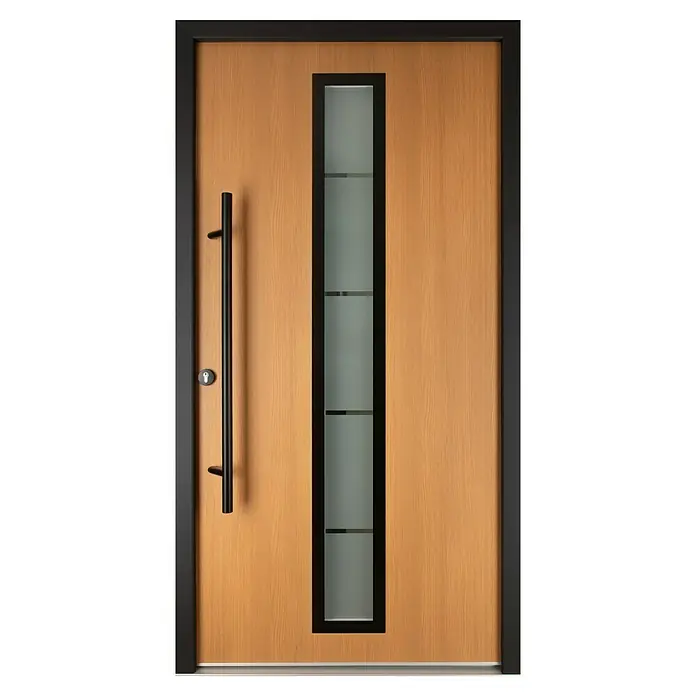 Splendoor Haustür Thermodoor PLUS SP70 Black Nature - 110 cm x 210 mm, DIN Anschlag: Links, Bergkiefer/Tiefschwarz - Holztür mit schmalem Glaseinsatz, schwarzem Rahmen und einem langen Griff. Das moderne Design der Haustür betont die klaren Linien.