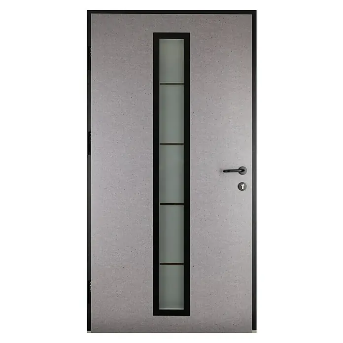 Splendoor Haustür Thermodoor PLUS SP70 Black Nature - 100 cm x 210 mm, DIN Anschlag: Links, Naturbeton/Tiefschwarz - Eine moderne graue Tür mit einem schlanken, vertikalen Fensterbereich und einem schwarzen Türgriff.