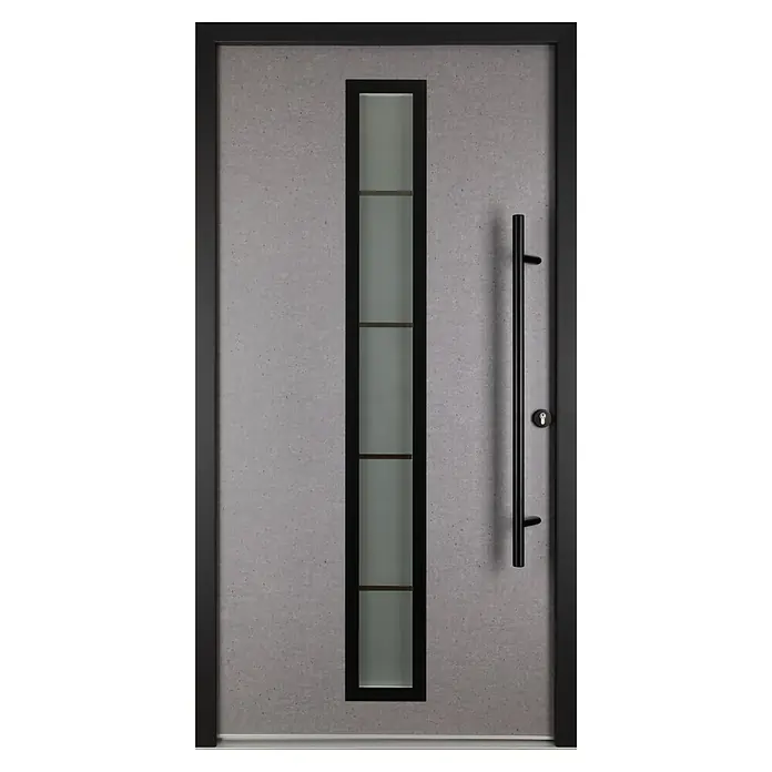 Splendoor Haustür Thermodoor PLUS SP70 Black Nature - 110 cm x 210 mm, DIN Anschlag: Rechts, Naturbeton/Tiefschwarz - Moderne Haustür in Grau mit schwarzen Akzenten. Die Tür verfügt über ein langes, vertikales Fenster und einen eleganten, schwarzen Griff.