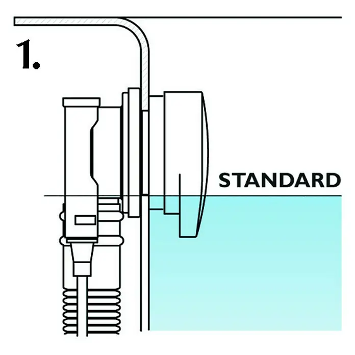 Ottofond Ab- & Überlaufgarnitur - Drehexcenterbetätigung, Wasserstandhöhe: + 5 cm erhöhbar, Verchromt - Schemazeichnung einer Standard-Toilettenfüllvorrichtung, die den optimalen Wasserstand zeigt.