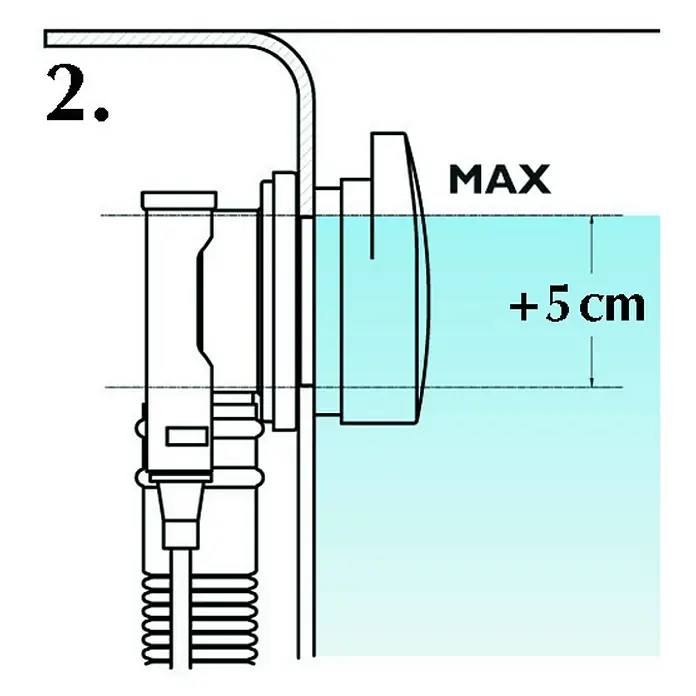 Ottofond Ab- & Überlaufgarnitur - Drehexcenterbetätigung, Wasserstandhöhe: + 5 cm erhöhbar, Verchromt - Abbildung einer Sanitärinstallation, die den maximalen Wasserstand mit einer Toleranz von +5 cm über der Markierung zeigt.