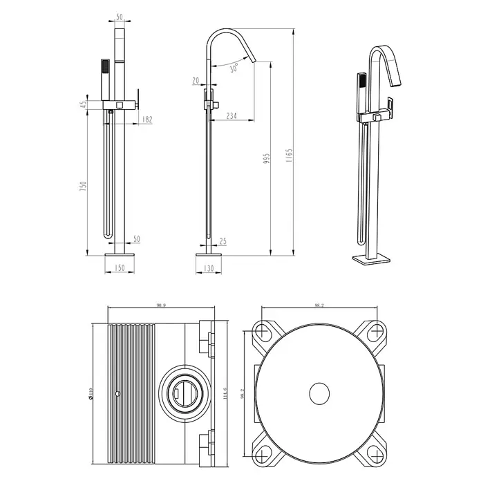Imex Suecia Grifo para bañera - Altura: 116,5 cm, Negro/Oro, Mate - Un dibujo detallado de un conjunto de grifo de bañera independiente con medidas, perfecto para planificadores e instaladores de baños.