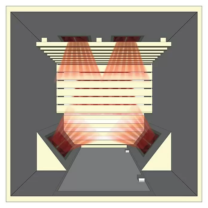Eilo Infrarotkabine EL 100 - 102 x 113 x 198 cm - Blick in einen Innenraum, möglicherweise eine Sauna, mit Holzlamellenwänden und -decke sowie roten Infrarotheizungen, die starke orangefarbene Lichtstrahlen abgeben.