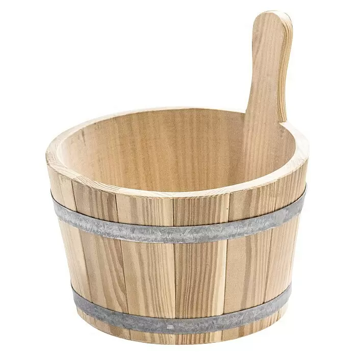 Aufgusseimer B - Holz, 5 l - Hellbrauner Holzeimer mit Metallbändern und integriertem Holzgriff.
