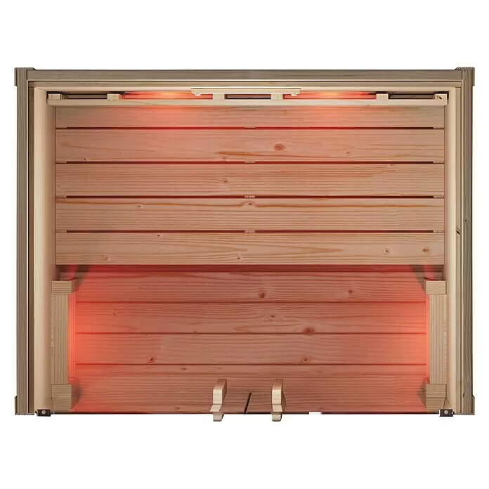 Eilo Infrarotkabine EL 102 - 2.200 W, 90,4 x 120 x 190 cm - Infrarot-Saunakabine aus hellem Holz mit leuchtenden roten Infrarotstrahlern.