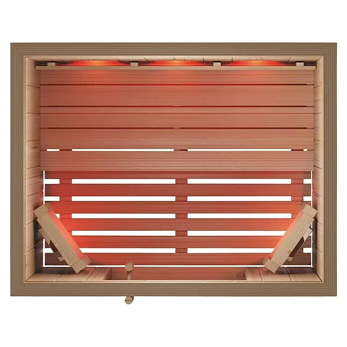 Eilo Infrarotkabine EL-AK 9531 - 2.200 W, 198 x 132 x 102 cm - Holssauna-Innenraum mit roten Infrarotheizern und Lattenbänken, Draufsicht.