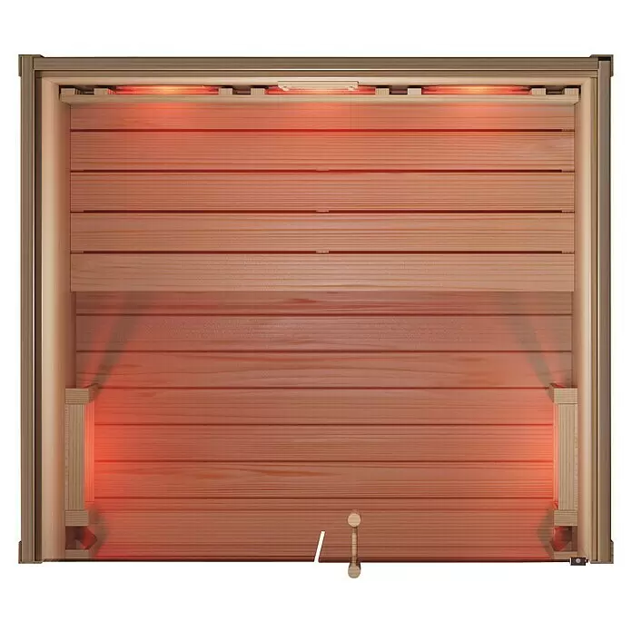 Eilo Infrarotkabine EL 432 - 102 x 131 x 198 cm - Hölzerner Saunainnenraum mit horizontalen Paneelen und rot glühenden Infrarotheizungen oben und unten. Mit kleinem Holzgriff.