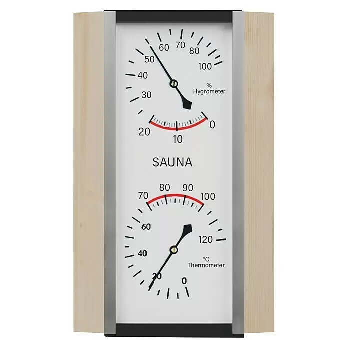 Eilo Hygro- & Thermometer-Set - Natur - Sauna-Hygrometer und Thermometer aus Holz und Metall, zeigt Luftfeuchtigkeit in Prozent und Temperatur in Celsius.