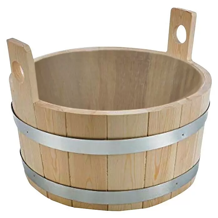 Aufgusseimer - Holz, 10 l - Hölzerner Eimer aus Naturholz mit zwei Metallbändern und zwei Holzgriffen mit Löchern.