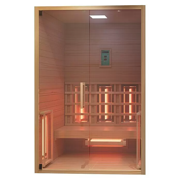 Eilo Infrarotkabine EL 432 - 102 x 131 x 198 cm - Infrarotsauna mit hellem Holzinterieur, Glastür und leuchtend orangefarbenen Heizkörpern, inklusive digitalem Bedienfeld.