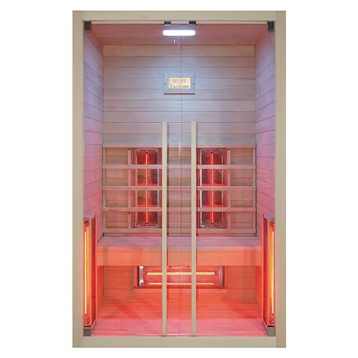 Eilo Infrarotkabine EL 102 - 2.200 W, 90,4 x 120 x 190 cm - Helle Holz-Infrarotsauna mit sichtbaren roten Infrarotstrahlern und digitalem Bedienfeld im Inneren.