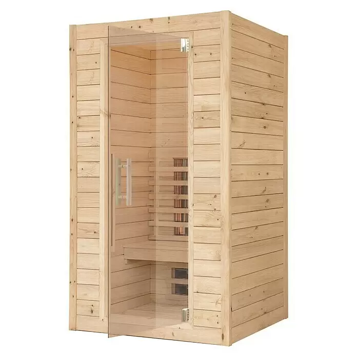 Eilo Infrarotkabine EL 100 - 102 x 113 x 198 cm - Eine moderne Sauna-Kabine aus hellem Holz mit einer Glastür, die Bänke und Heizelemente zeigt.