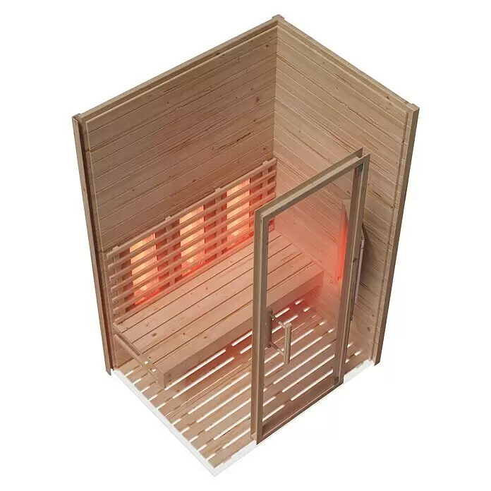 Eilo Infrarotkabine EL-AK 9531 - 2.200 W, 198 x 132 x 102 cm - Helle Infrarotsaunakabine aus Holz mit rot glühenden Heizstrahlern und Glastür, Innenansicht der Bänke.