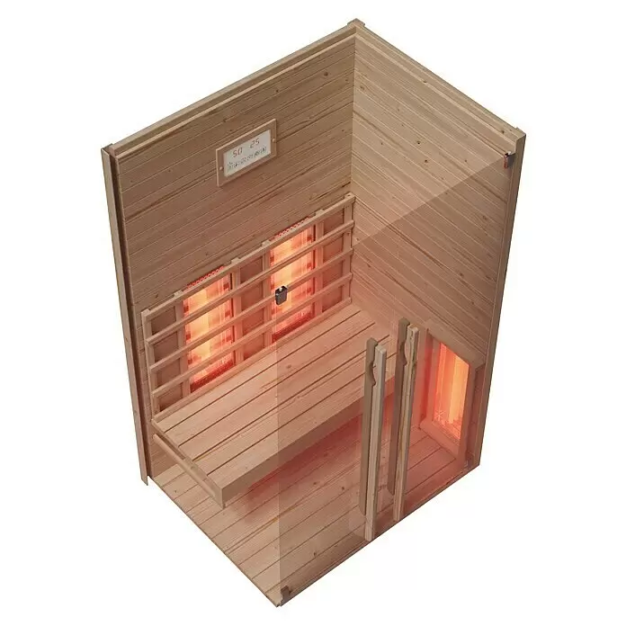 Eilo Infrarotkabine EL 102 - 2.200 W, 90,4 x 120 x 190 cm - Innenansicht einer Infrarotsauna aus hellem Holz mit Bank, glühenden Heizungen und digitalem Bedienfeld.