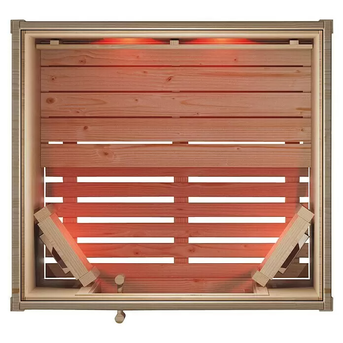 Eilo Infrarotkabine EL 100 - 102 x 113 x 198 cm - Infrarotsauna-Innenraum aus hellem Holz mit rot glühenden Heizstrahlern und Lamellenlehnen, von oben gesehen.