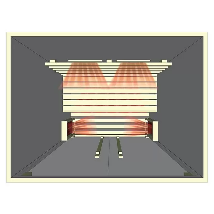 Eilo Infrarotkabine EL 102 - 2.200 W, 90,4 x 120 x 190 cm - Infrarot-Saunakabine mit hellem Holzinterieur und rot leuchtenden Heizelementen für Strahlungswärme.