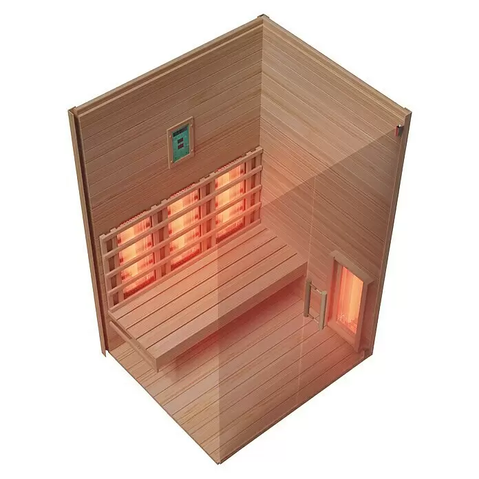 Eilo Infrarotkabine EL 432 - 102 x 131 x 198 cm - Infrarotsauna aus hellem Holz mit Innenbank, digitalem Bedienfeld und glühenden Heizstrahlern.