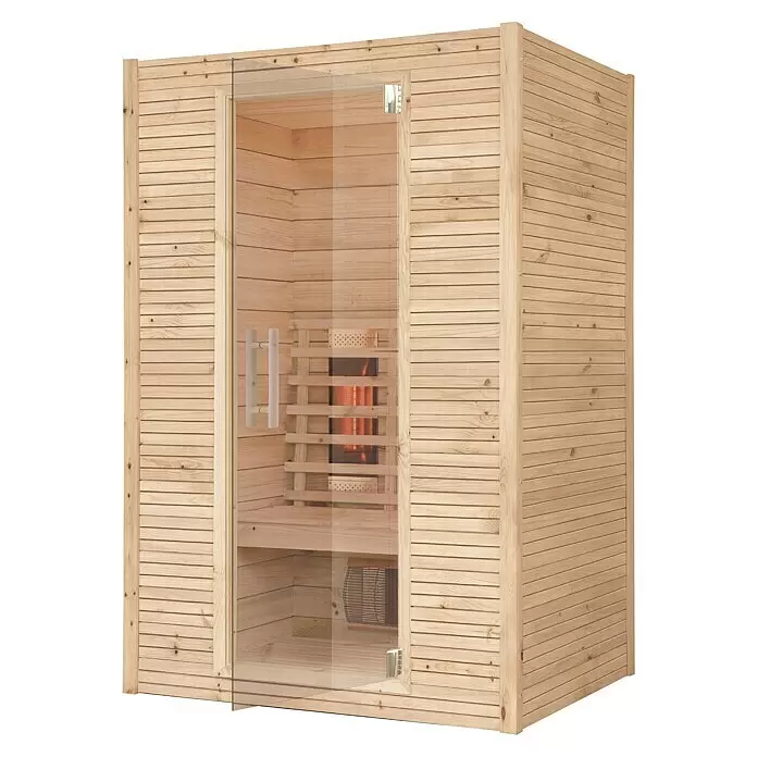Eilo Infrarotkabine EL-AK 9531 - 2.200 W, 198 x 132 x 102 cm - Natürliche Holz-Infrarotsaunakabine mit Glastür, die glühende Heizstrahler und eine Holzbank zeigt.