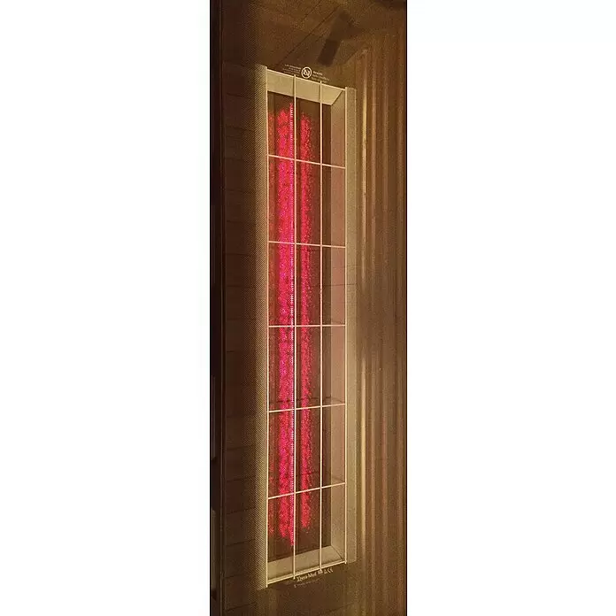 Eilo Infrarotkabine EL 102 - 2.200 W, 90,4 x 120 x 190 cm - Wandmontierter Infrarotheizstrahler mit hellgrauem Metallgehäuse und Schutzgitter, zeigt leuchtend rote Heizelemente.