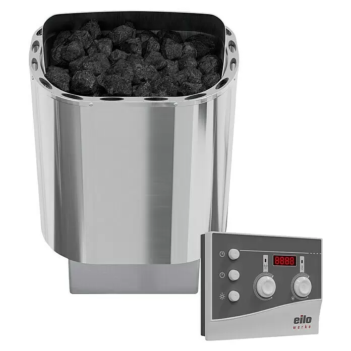 Eilo Saunaofen - 8 kW, Saunavarianten: Klassische finnische Sauna - Saunaofen aus Edelstahl mit dunklen Steinen und separatem grauem Digitalbedienfeld.