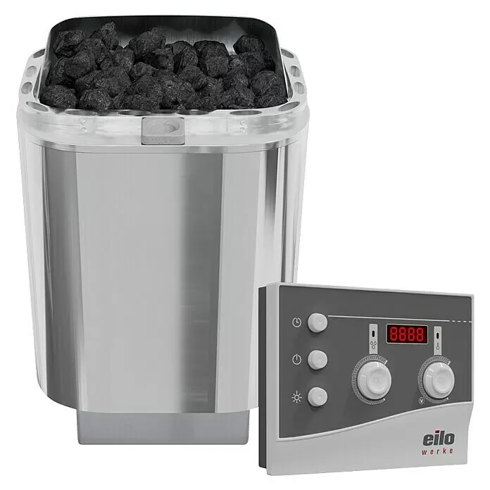 Eilo Saunaofen - 9 kW, Saunavarianten: Soft-Dampfbad - Moderner Saunaofen aus Edelstahl mit schwarzen Steinen und separatem grauem Bedienfeld mit Digitalanzeige.