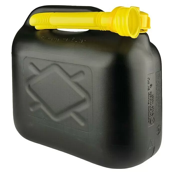 Benzinkanister - 5 l, Polyethylen - Schwarzer Kunststoff-Kraftstoffkanister mit gelbem flexiblen Ausgießer.