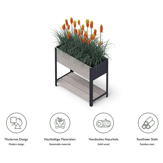 Upyard Hochbeet Modernbox hoch - 78 x 36 x 72 cm, Holz, Grau - Ein Pflanzkasten aus Holz und Stahl mit leuchtend orangefarbenen Blumen. Das Produkt zeichnet sich durch modernes Design und nachhaltige Materialien aus.