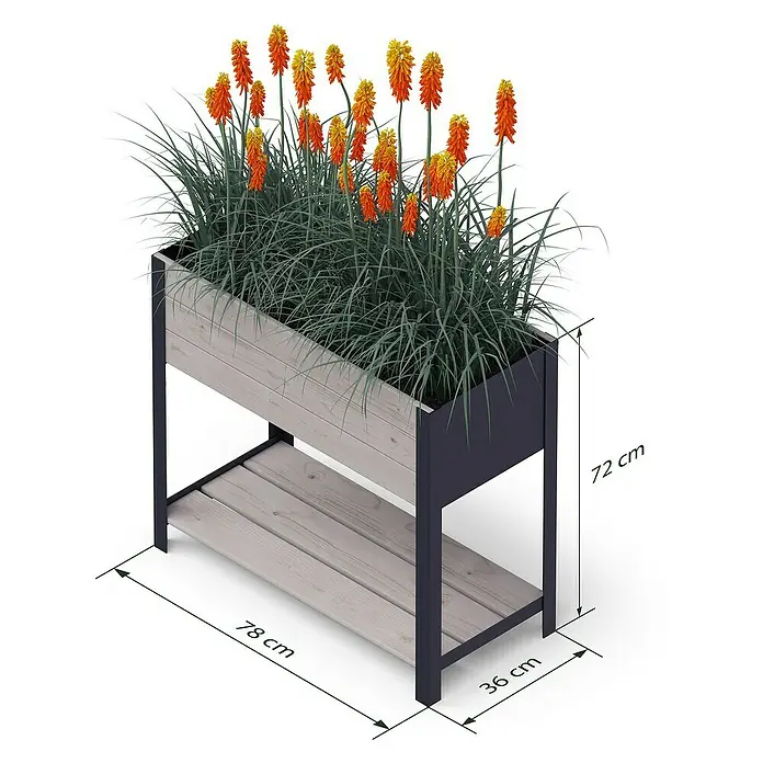 Upyard Hochbeet Modernbox hoch - 78 x 36 x 72 cm, Holz, Grau - Das Bild zeigt einen Blumenkasten mit Ständer, bepflanzt mit blühenden Blumen und grünen Gräsern. Die Maße sind 78 x 36 x 72 cm.