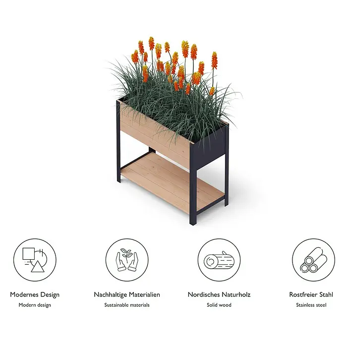 Upyard Hochbeet Modernbox hoch - 78 x 36 x 72 cm, Holz, Braun/Schwarz - Das Bild zeigt einen modernen Pflanzkasten mit Blumen, der mit seinem schlichten Design und den nachhaltigen Materialien überzeugt.