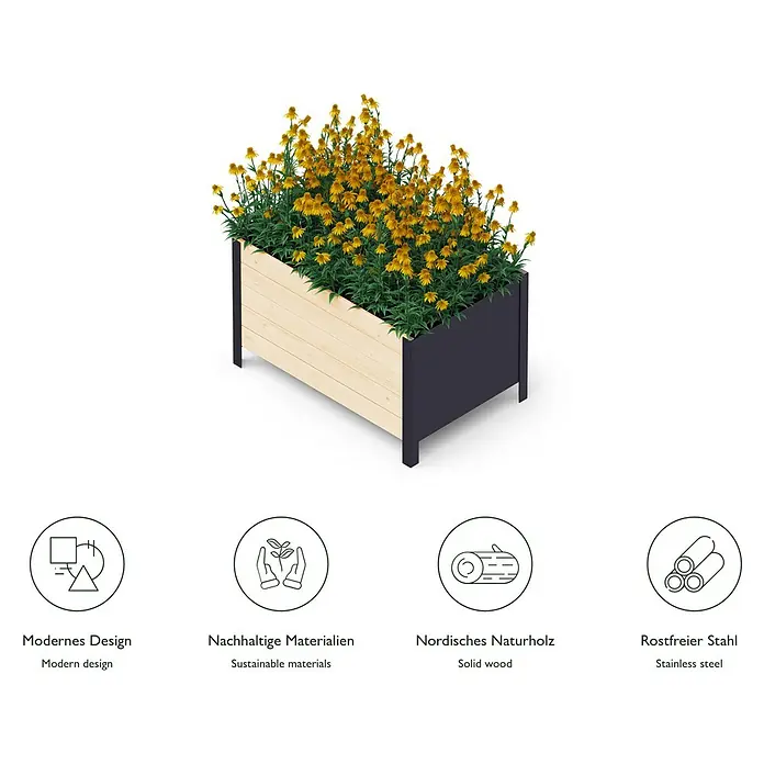 Upyard Pflanzkasten Modernbox tief - 58 x 52 x 48 cm, Holz, Natur - Ein rechteckiger Pflanzkasten aus hellem Holz und dunklem Metall, bepflanzt mit gelben Blumen, dazu Logos für Design, Nachhaltigkeit, Holz und Stahl.