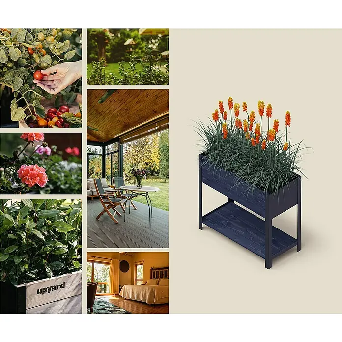 Upyard Hochbeet Modernbox hoch - 78 x 36 x 72 cm, Holz, Schwarz - Das Bild zeigt einen stilvollen Pflanzenständer mit leuchtend orangefarbenen Blumen, der eine moderne und natürliche Note verleiht.