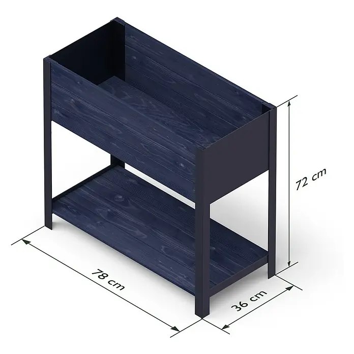 Upyard Hochbeet Modernbox hoch - 78 x 36 x 72 cm, Holz, Schwarz - Das Bild zeigt ein blaues, zweistöckiges Pflanzenregal aus Holz mit den Maßen 78x36x72 cm. Ideal für Pflanzenliebhaber.