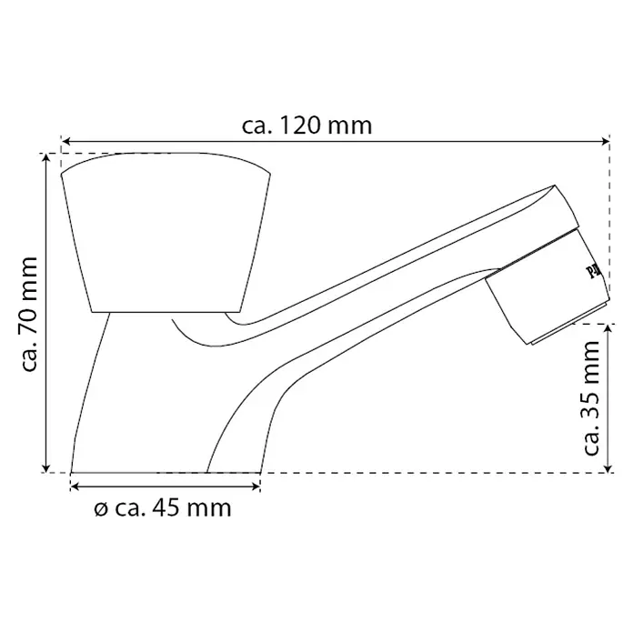 Mixomat Kaltwasser-Standventil - ½″, Verchromt - Abbildung einer Armatur mit Maßangaben. Die Armatur ist in einer Schwarz-Weiß-Zeichnung dargestellt und zeigt ihre Abmessungen.
