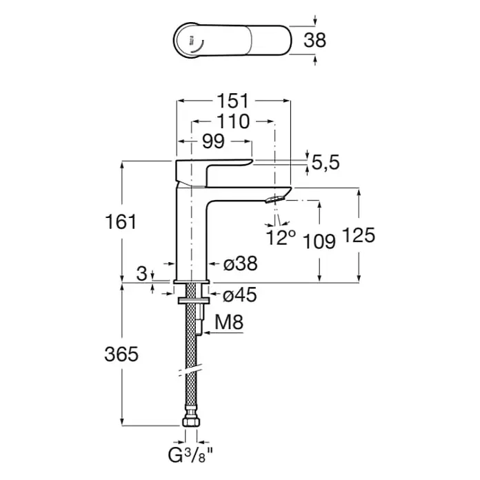 Roca Grifo de lavabo Cala - Negro, Mate - Dibujo técnico de un grifo con dimensiones. El dibujo muestra detalles de la altura, la proyección y las dimensiones de conexión del grifo.