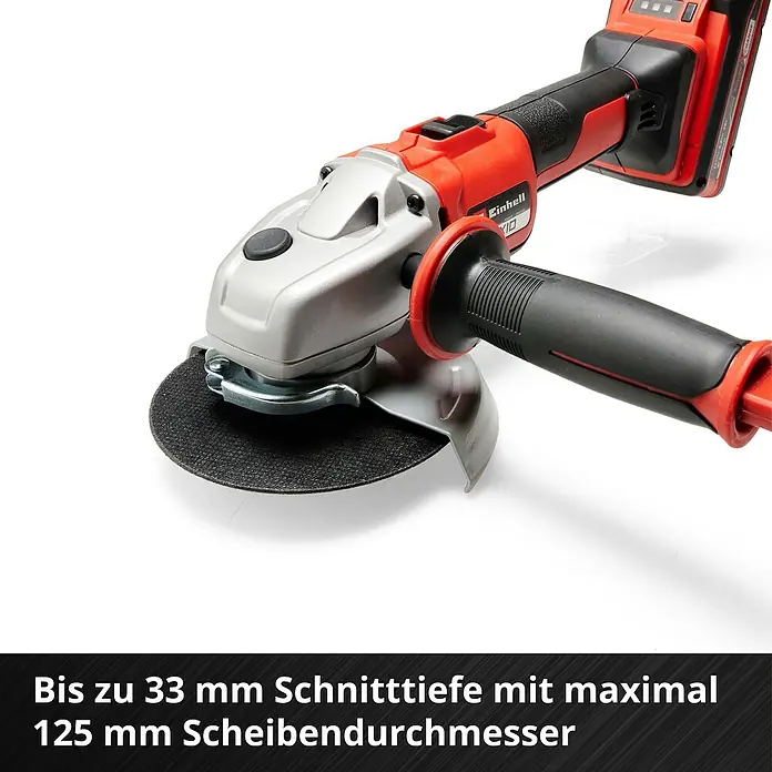 Einhell Professional Power X-Change 18V Akku-Winkelschleifer Axxio 18/125 - 18 V, Ohne Akku, Durchmesser Scheibe: 125 mm, 8.500 U/min - Bild einer Einhell Akku-Winkelschleifer mit einem Scheibendurchmesser von 125mm.